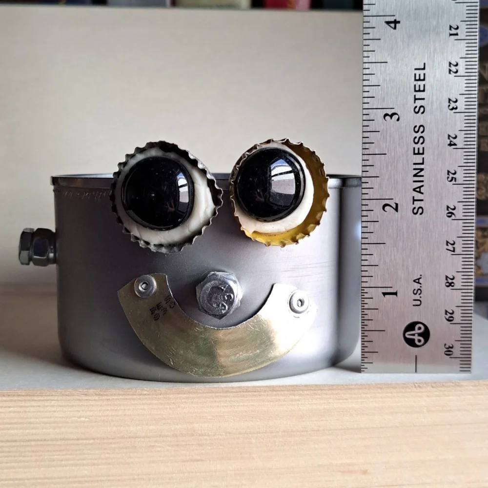 Happy Retro Robot Scrap Metal Art Handmade Handcrafted Small Container